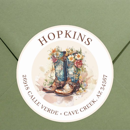 女性のカーボーイブーツ花差出人住所ラベル ラウンドシール