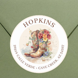 女性のカーボーイブーツ花差出人住所ラベル ラウンドシール