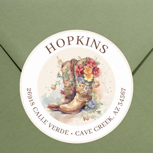 女性のカーボーイブーツ花差出人住所ラベル ラウンドシール