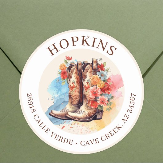 女性のカーボーイブーツ花差出人住所ラベル ラウンドシール