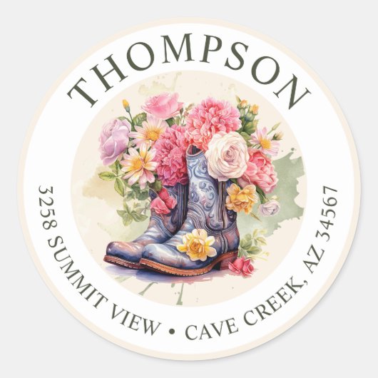 女性のカーボーイブーツ花差出人住所ラベル ラウンドシール (正面)