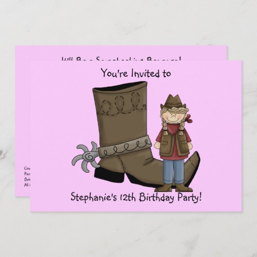 女性のカーボーイブーツ&スパーズ-誕生日ガールお祝い 招待状 (正面/裏面)