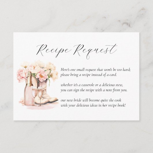 女性のカーボーイブートカントリーブライダルシャワーレシピ要求 エンクロージャーカード (正面)