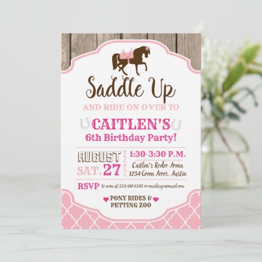 女性のカーボーイプリンセスサドルアップポニー誕生日 招待状 (スタンド正面)