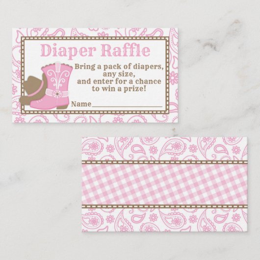 女性のカーボーイベビーシャワーおむつラッフルチケットピンク エンクロージャーカード (正面/裏面)