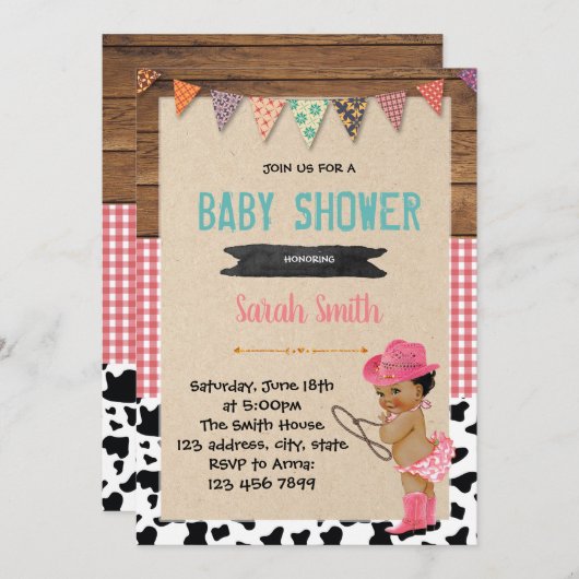 女性のカーボーイベビーシャワーの招待 招待状 (正面/裏面)