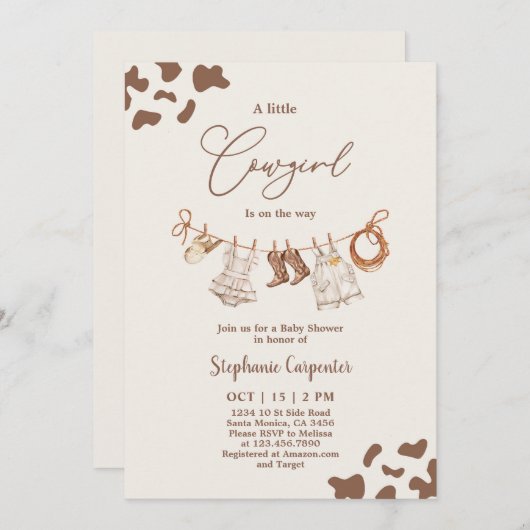 女性のカーボーイベビーシャワーガール 招待状 (正面/裏面)