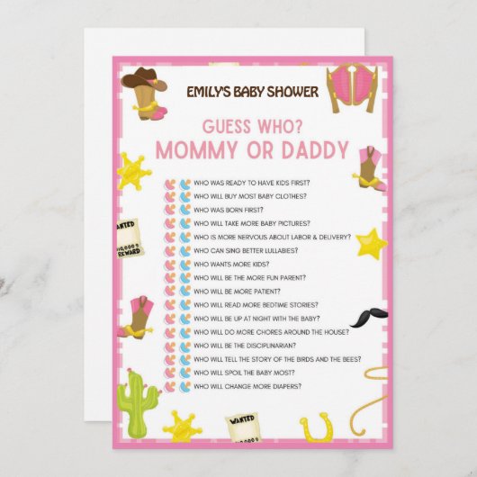 女性のカーボーイベビーシャワーゲーム – 編集可能な名前、5x7サイズ 招待状 (正面/裏面)