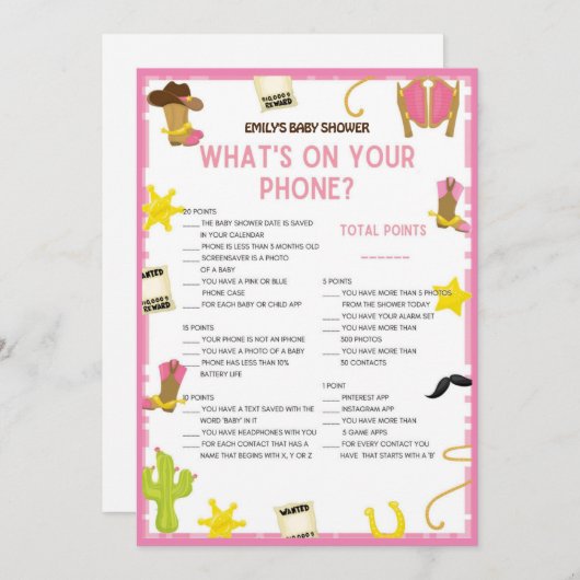 女性のカーボーイベビーシャワーゲーム – 編集可能な名前、5x7サイズ 招待状 (正面/裏面)