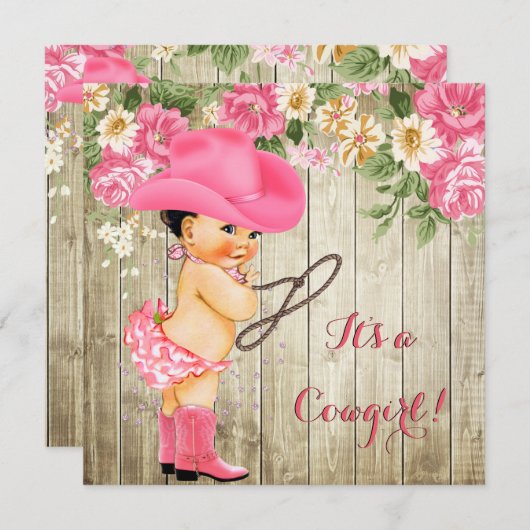 女性のカーボーイベビーシャワーピンクブーツフローラブルネット 招待状 (正面/裏面)