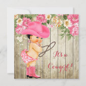 女性のカーボーイベビーシャワーピンクブーツフローラブルネット 招待状 (正面)