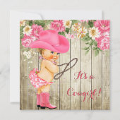 女性のカーボーイベビーシャワーピンクブーツフローラブロンドベビー 招待状 (正面)