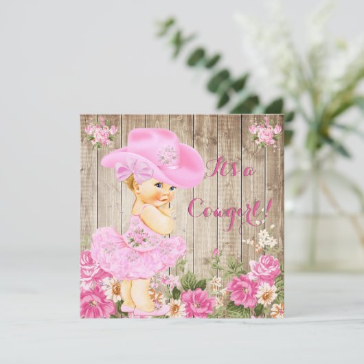 女性のカーボーイベビーシャワーピンク素朴ウッドガールブロンド 招待状 (スタンド正面)