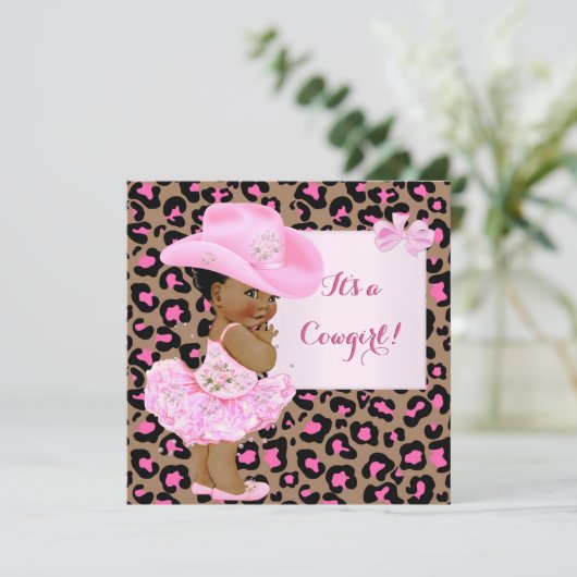 女性のカーボーイベビーシャワーピンクleopardガールエスニック 招待状 (スタンド正面)