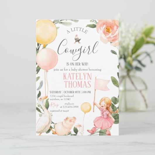 女性のカーボーイベビーシャワー招待状と緑 招待状 (スタンド正面)