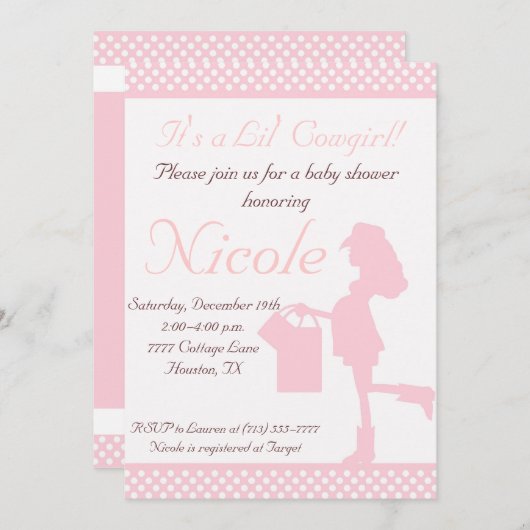 女性のカーボーイベビーシャワー招待状（ピンク/白の点） 招待状 (正面/裏面)