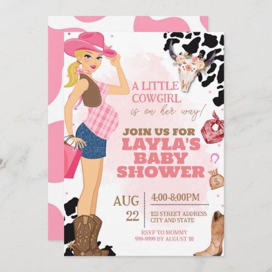 女性のカーボーイベビーシャワー招待状、ロデオベビーシャワー 招待状 (正面/裏面)