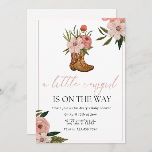 女性のカーボーイベビーシャワー 招待状 (正面/裏面)
