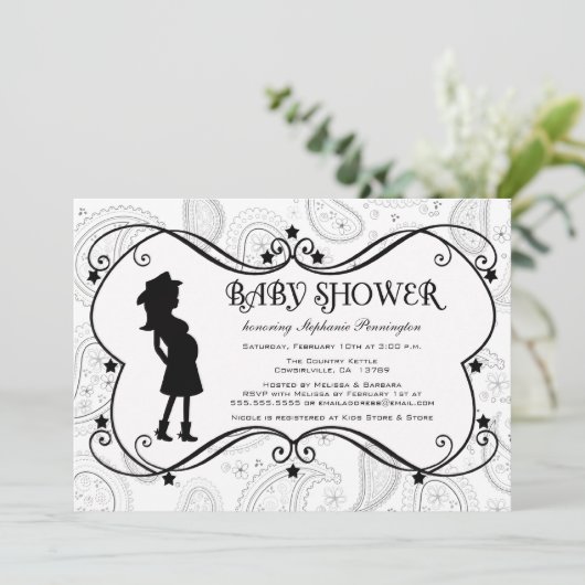女性のカーボーイペイズリーの国のベビーシャワーの招待 招待状 (スタンド正面)