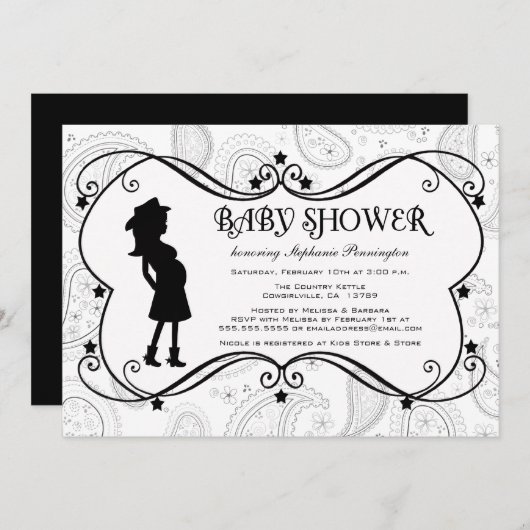 女性のカーボーイペイズリーの国のベビーシャワーの招待 招待状 (正面/裏面)