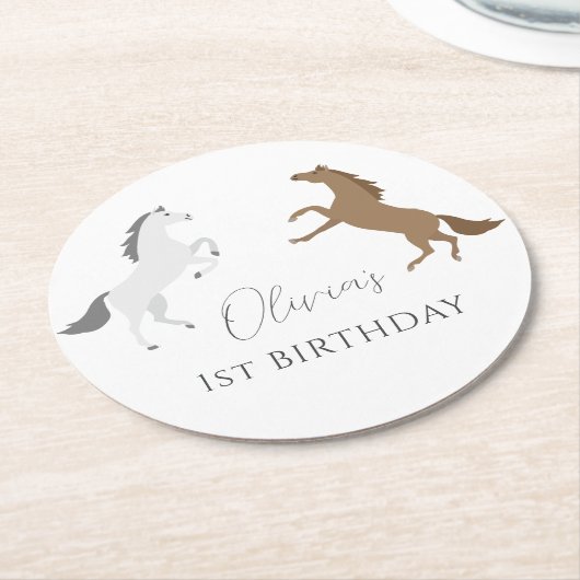 女性のカーボーイホースエクエストリアン1歳の誕生日 ラウンドペーパーコースター (アングル)
