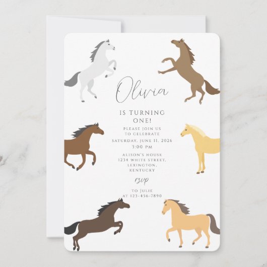 女性のカーボーイホースエクエストリアン1歳の誕生日 招待状 (正面)