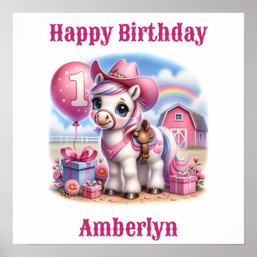 女性のカーボーイポニー1歳誕生日 ポスター (正面)