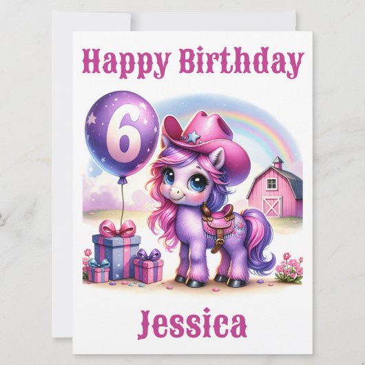 女性のカーボーイポニー6歳の誕生日カード (正面)