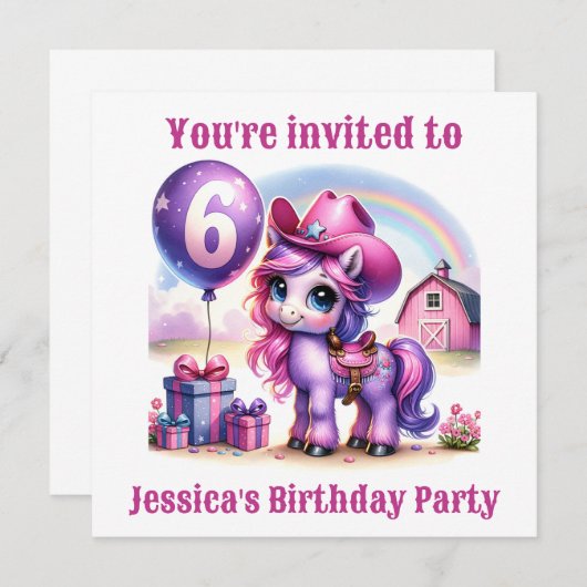 女性のカーボーイポニー6歳誕生日 招待状 (正面/裏面)