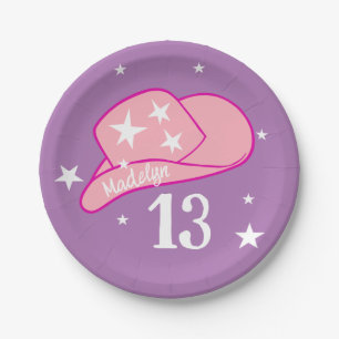 女性のカーボーイモダンウエスタンハットピンクガール13th誕生日 ペーパープレート
