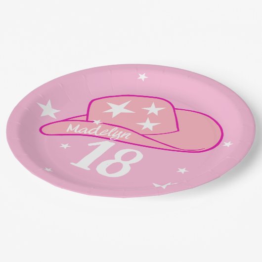 女性のカーボーイモダンウエスタンハットピンクガール18誕生日 ペーパープレート (アングル)