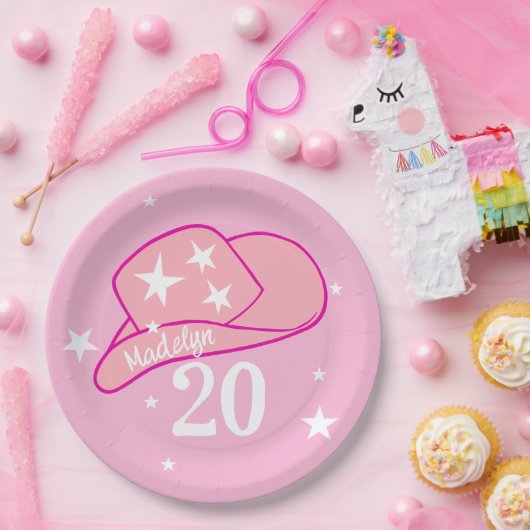 女性のカーボーイモダンウエスタンハットピンクガール20th誕生日 ペーパープレート (パーティー)