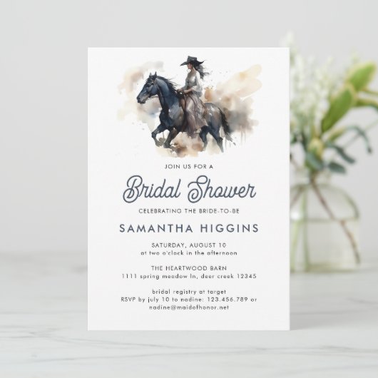 女性のカーボーイモダンホースエクエストリアンブライダルシャワー 招待状 (スタンド正面)