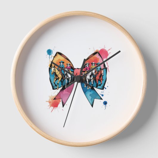 女性のカーボーイライディングホースコケットボウ 壁時計 (正面)