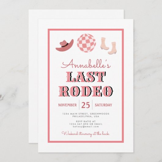 女性のカーボーイラストロデオピンクディスコバチェロレッテ週末 招待状 (正面/裏面)