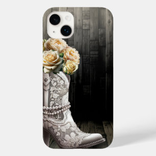女性のカーボーイレースブーツ&ホワイトフラワーズ素朴ブライダル Case-Mate iPhone 14 PLUSケース