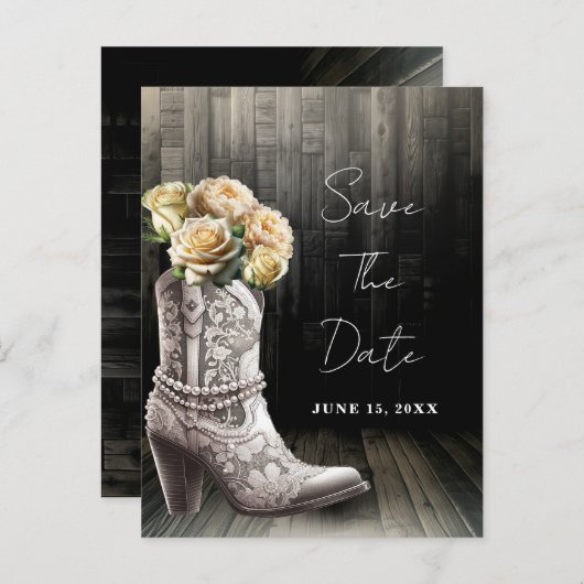 女性のカーボーイレースブーツ&ホワイトフラワーデートを保存 案内ポストカード (正面/裏面)