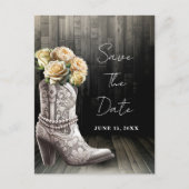 女性のカーボーイレースブーツ&ホワイトフラワーデートを保存 案内ポストカード (正面)