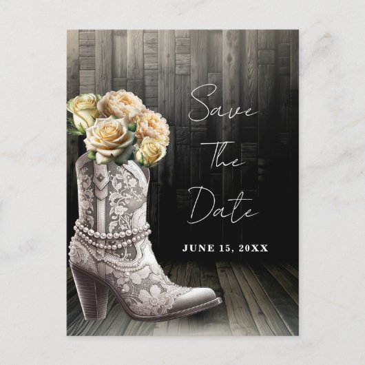 女性のカーボーイレースブーツ&ホワイトフラワーデートを保存 案内ポストカード (正面)