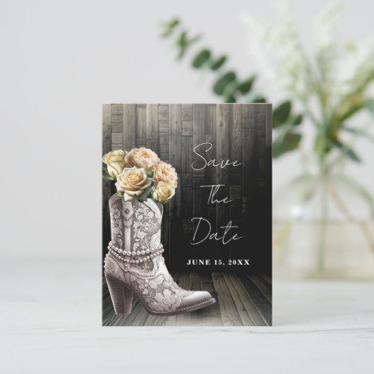 女性のカーボーイレースブーツ&ホワイトフラワーデートを保存 案内ポストカード (スタンド正面)