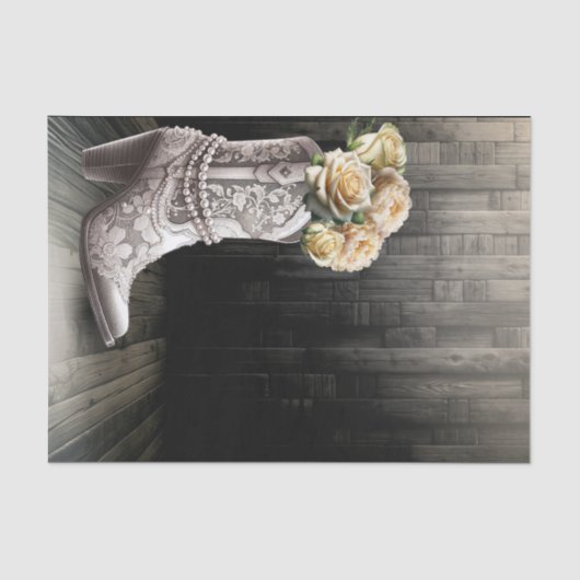 女性のカーボーイレース&パールブーツ白い花素朴 薄葉紙 (正面)