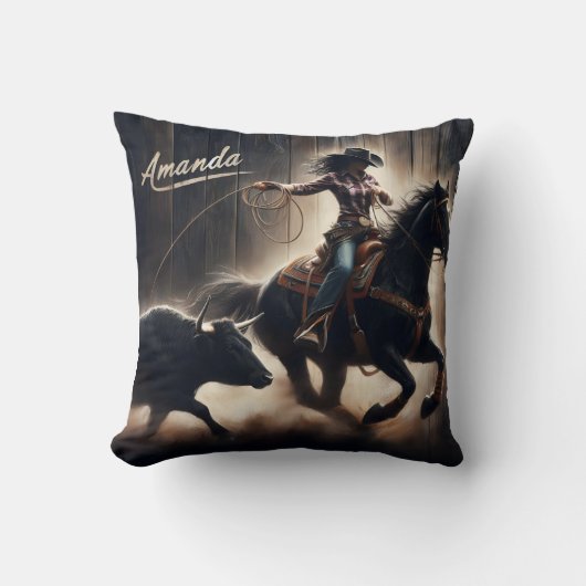 女性のカーボーイロデオでステアをローピングイベント クッション (正面)