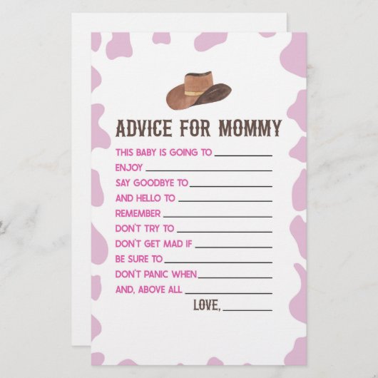 女性のカーボーイロデオアドバイスベビーシャワーゲーム活動 便箋 (正面/裏面)