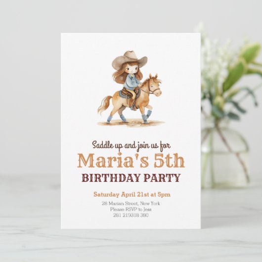 女性のカーボーイロデオウエスタンガール誕生日 招待状 (スタンド正面)