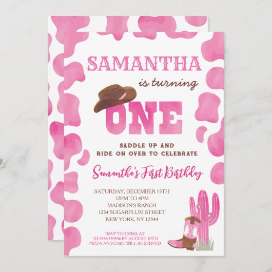 女性のカーボーイロデオホットピンクファースト誕生日招待状 招待状 (正面/裏面)