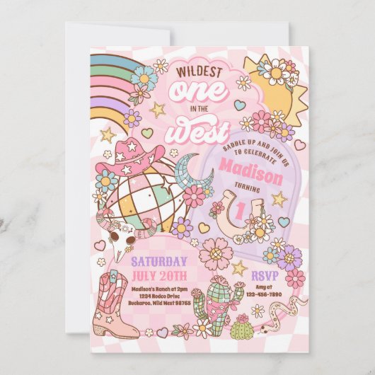女性のカーボーイロデオワイルドワン西1歳の誕生日 招待状 (正面)
