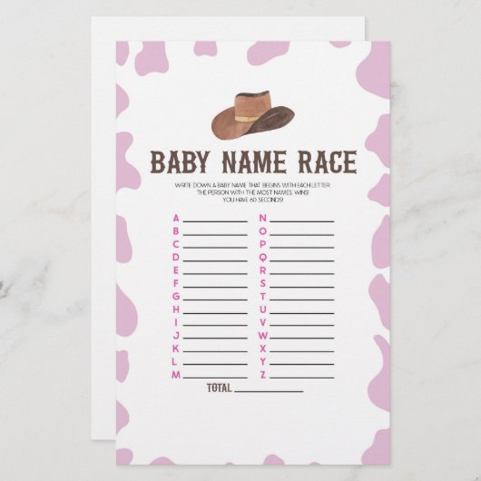 女性のカーボーイロデオ名レースベビーシャワーゲームアクティビティ 便箋 (正面/裏面)