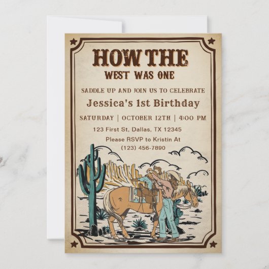 女性のカーボーイロデオ誕生日どのように西は1だった 招待状 (正面)