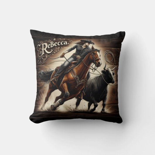 女性のカーボーイローピングキャトルアットローカルロデオイベント クッション (正面)