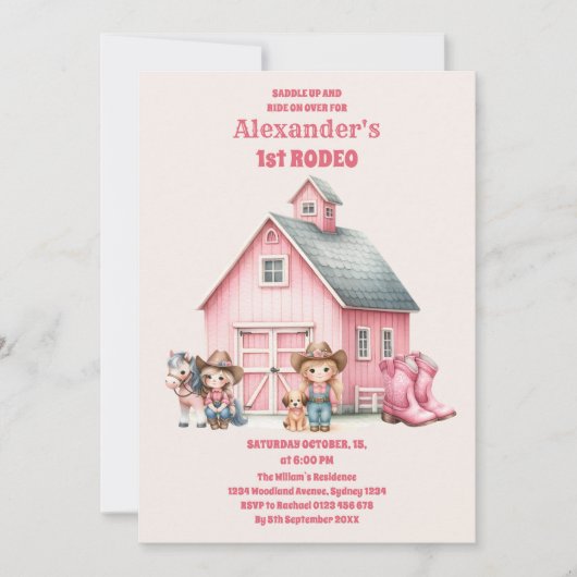 女性のカーボーイワイルドウェスト1stロデオランチバースデーパーティー 招待状 (正面)